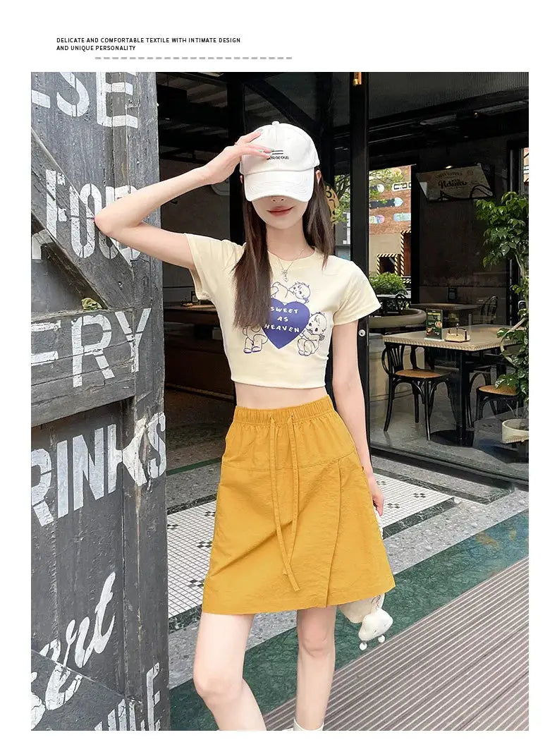 Fake 2 Piece Shorts Skirts for Women high waist mustard yellow A-line shorts-skirt, lightweight summer style