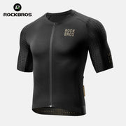 RockBros men's short-sleeve cycling jersey in black with front zip and textured sleeves.