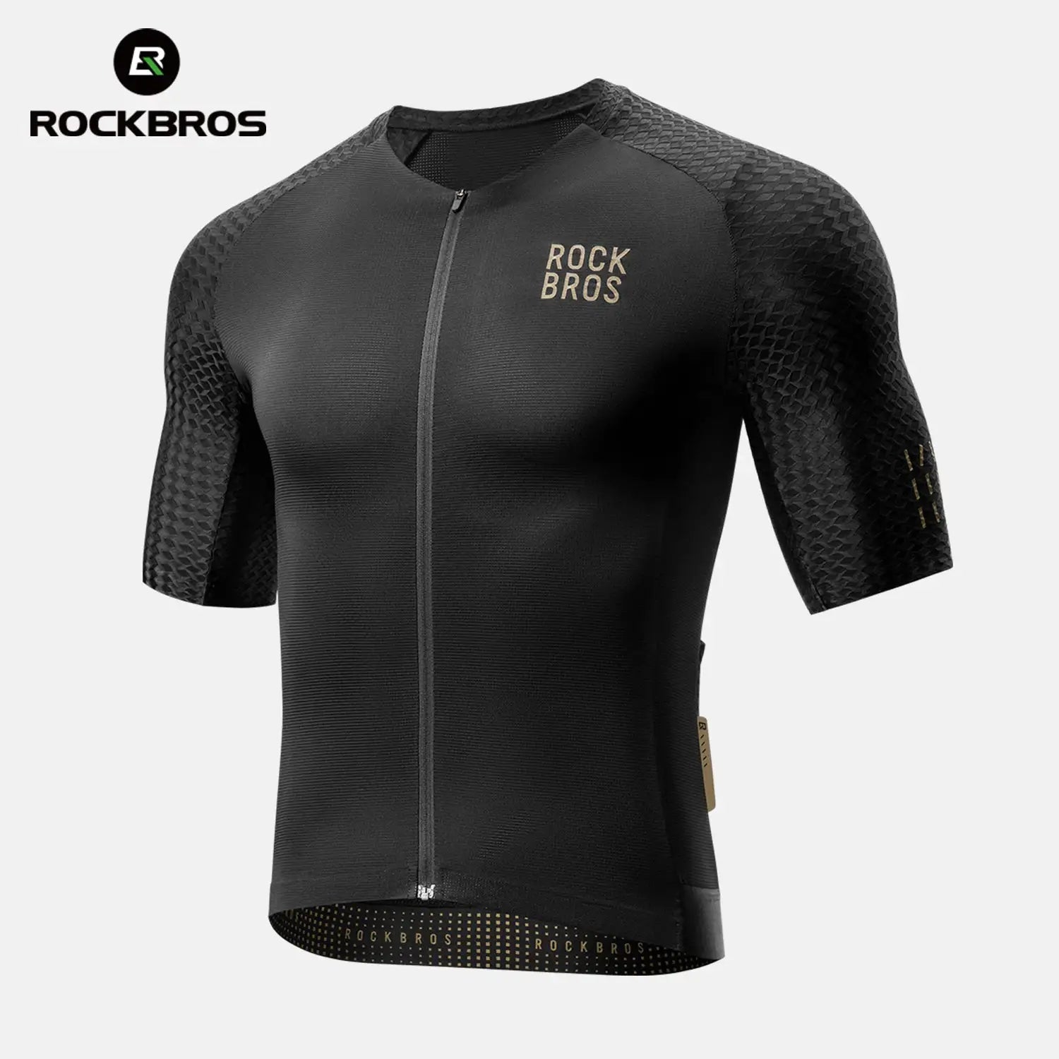 RockBros men's short-sleeve cycling jersey in black with front zip and textured sleeves.