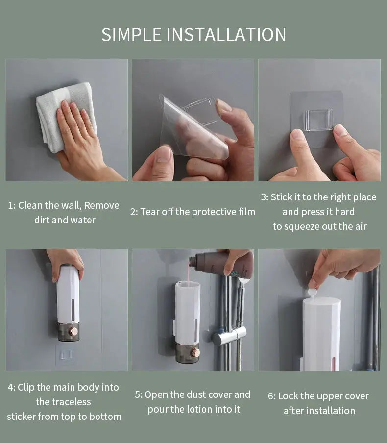 Manual wall-mounted bathroom soap dispenser by Simples Market; white cylindrical plastic unit with copper-colored accents.