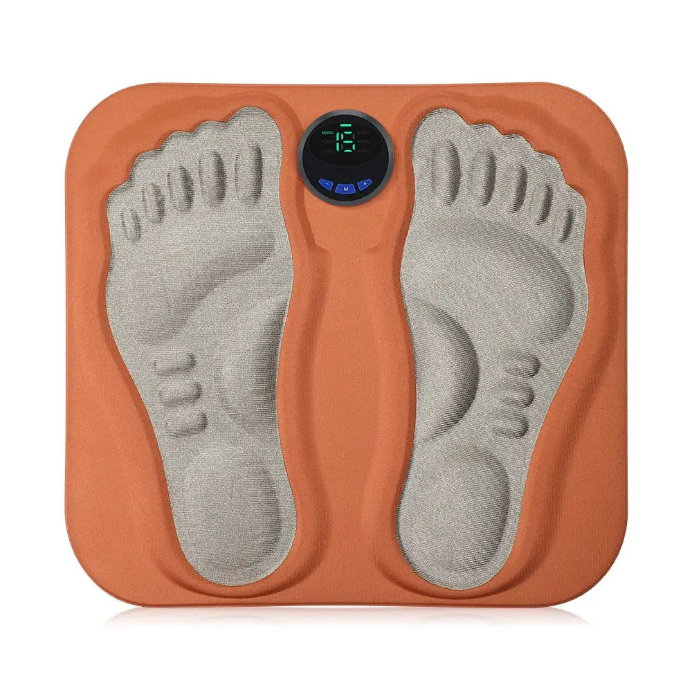 3D Smart Foot Massager Pad in orange with grey foot pockets and rechargeable design