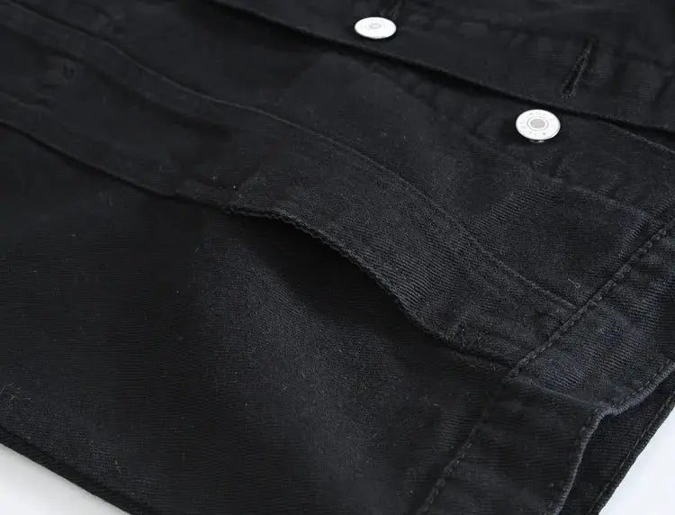 Men's black denim sleeveless vest with white buttons, jeans-style waistcoat.