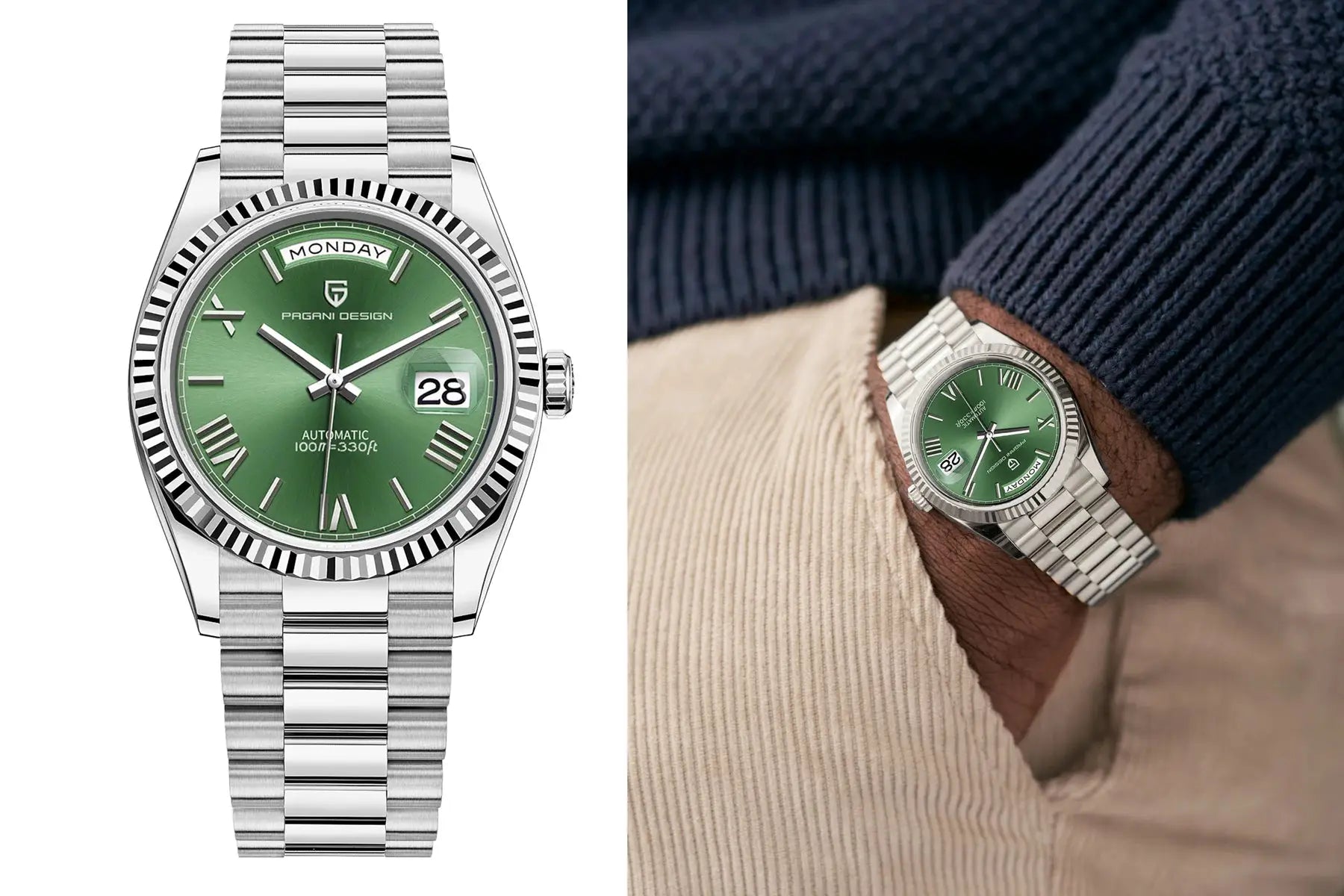 Pagani Design automatic men's watch with green dial and stainless steel bracelet, day/date display
