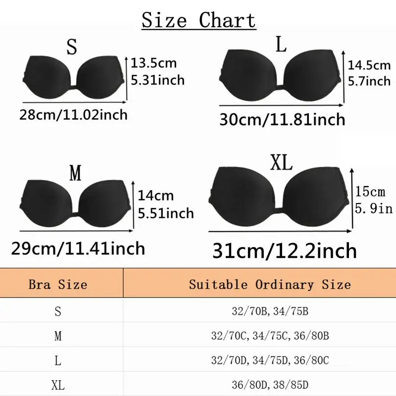 Backless front-closure push-up bra, black, Simples Market, size variants S–XL (4 shown) with multiway transparent straps