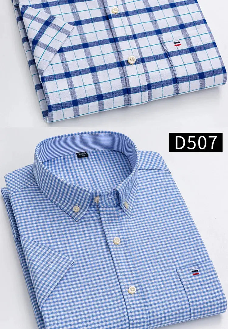 Simples Market men's cotton button-down social shirts, blue plaid and blue gingham, two-pack