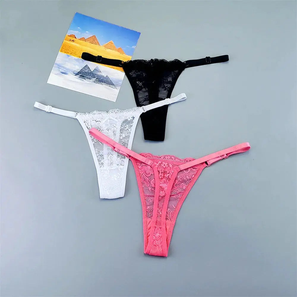 Lace thong panties set, 3pcs, Simples Market, adjustable transparent low-waist T-back in white, pink, and black.