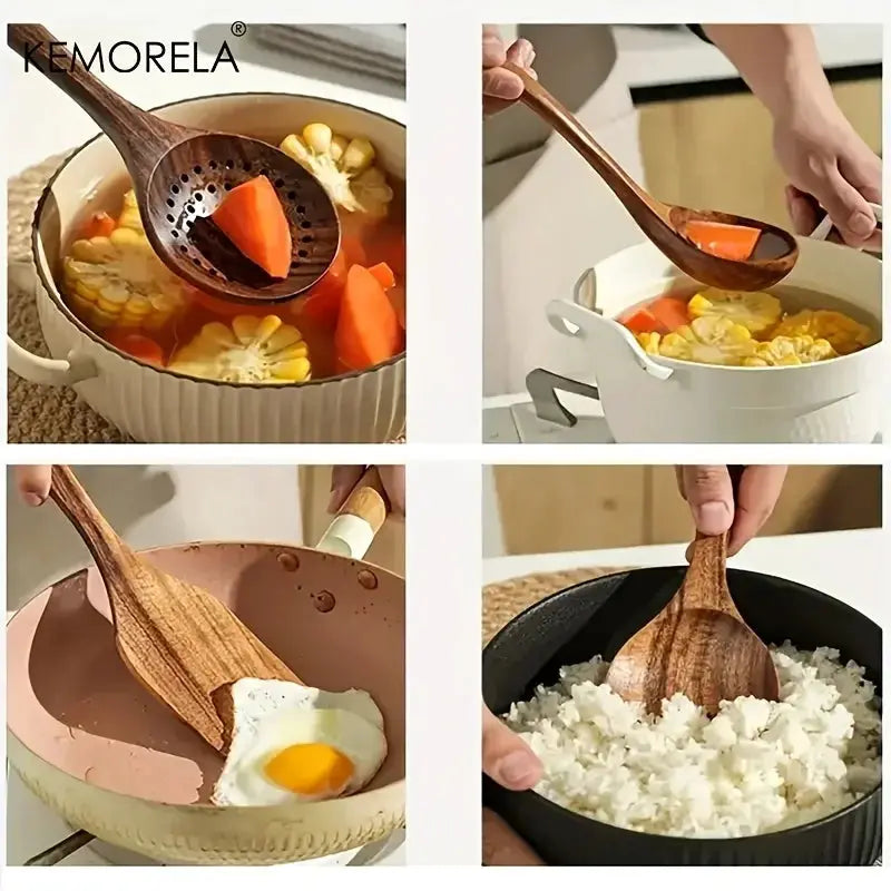 5Pcs Thailand Teak Kitchen Utensils Set Natural Wooden Tableware Ladle Turner Rice Colander Soup Skimmer Scoop