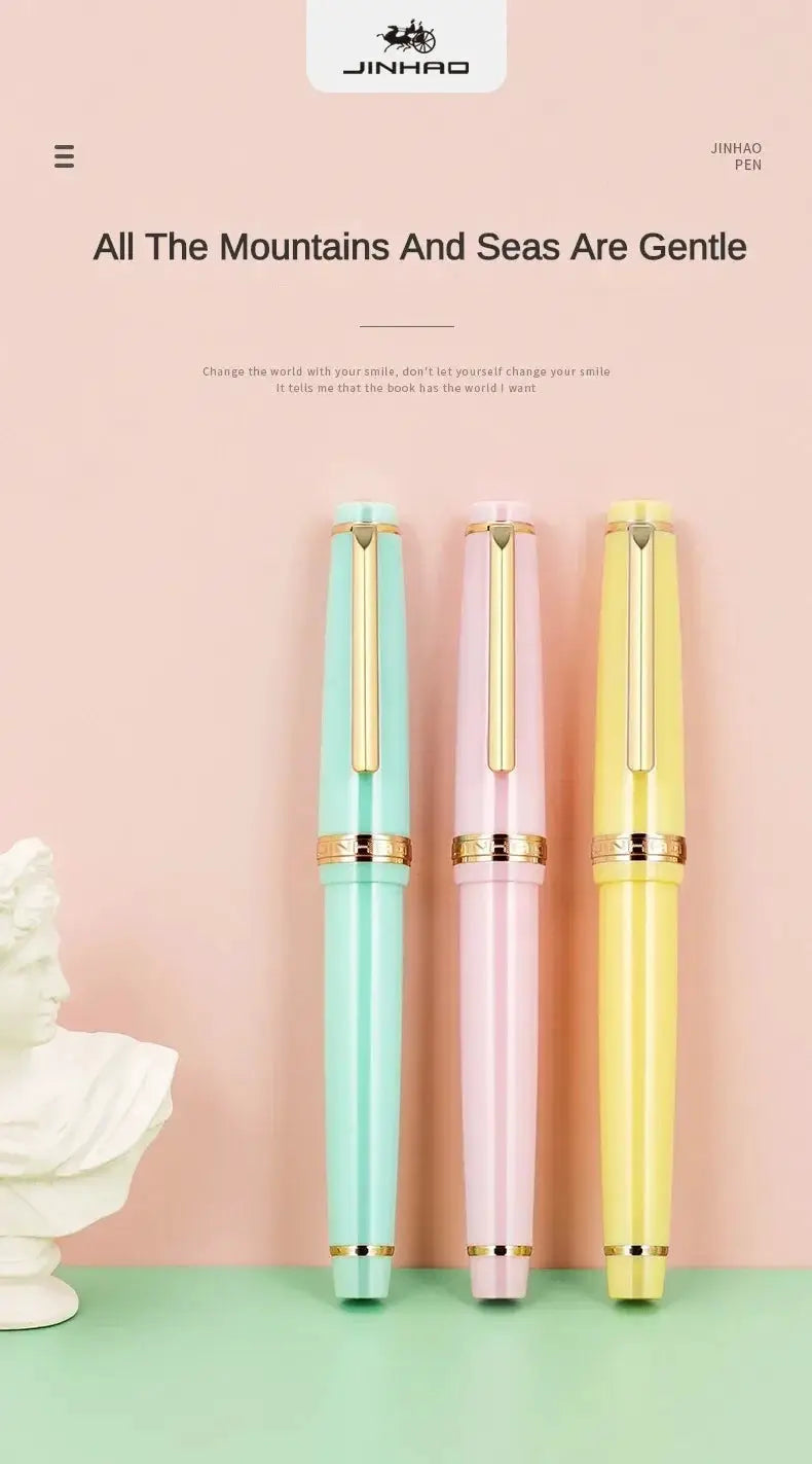 Jinhao 82 fountain pens in pastel mint pink and yellow with gold trim; set of 3 with 0.38/0.5/0.7mm extra-fine nibs