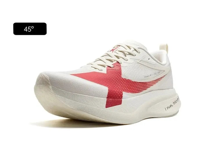 Men's running sneakers, white with red side stripe, cushioned lightweight stability shoe
