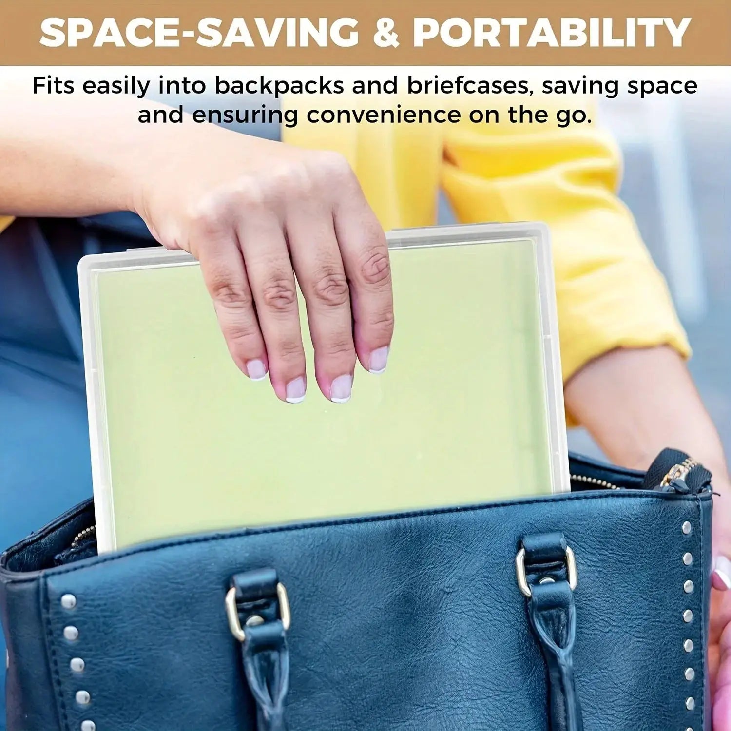 A4 plastic folder with pale green cover being placed into a blue handbag