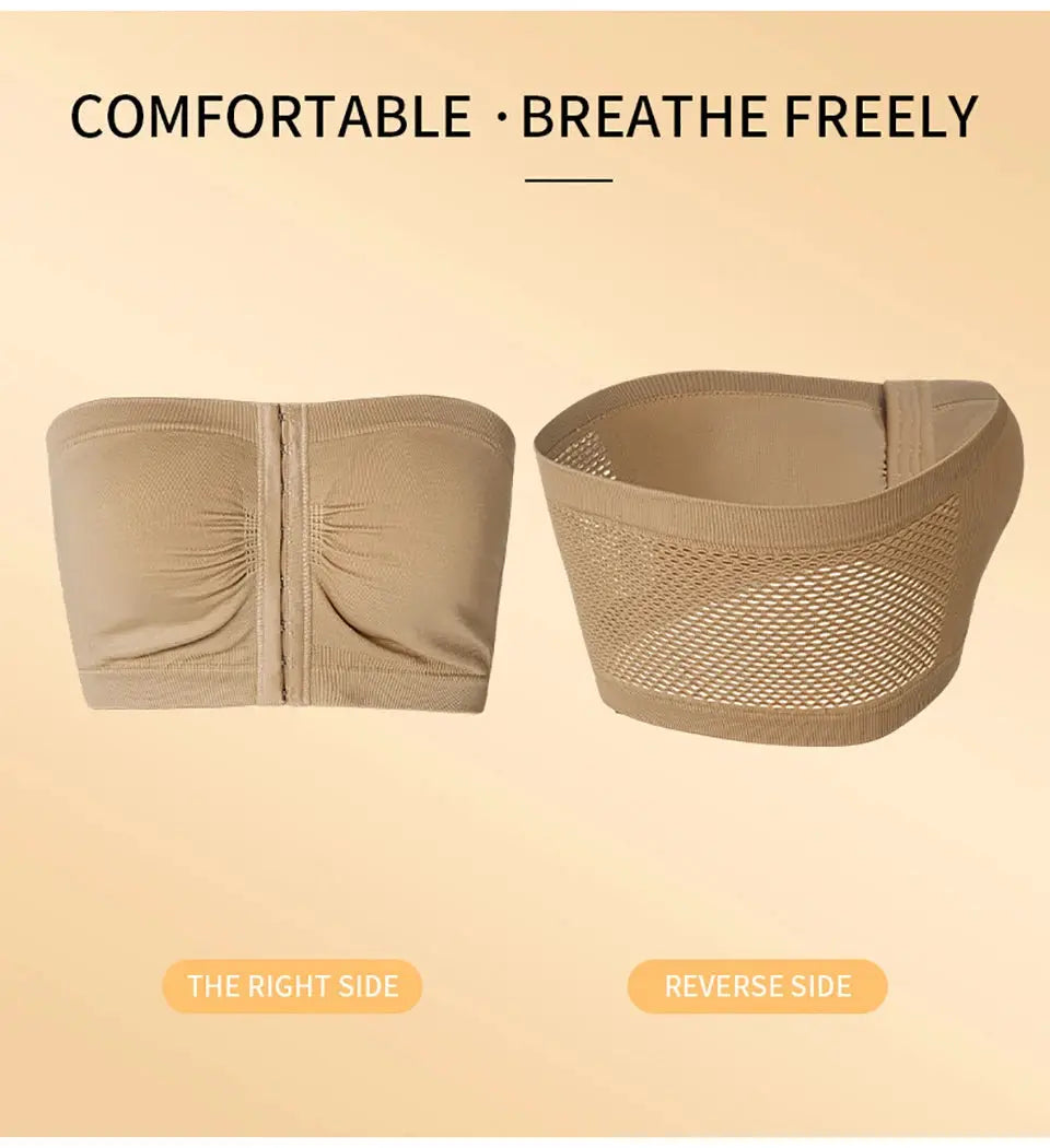 Women's plus-size strapless front-closure bandeau bra, beige seamless wireless bralette with ruched and mesh back.