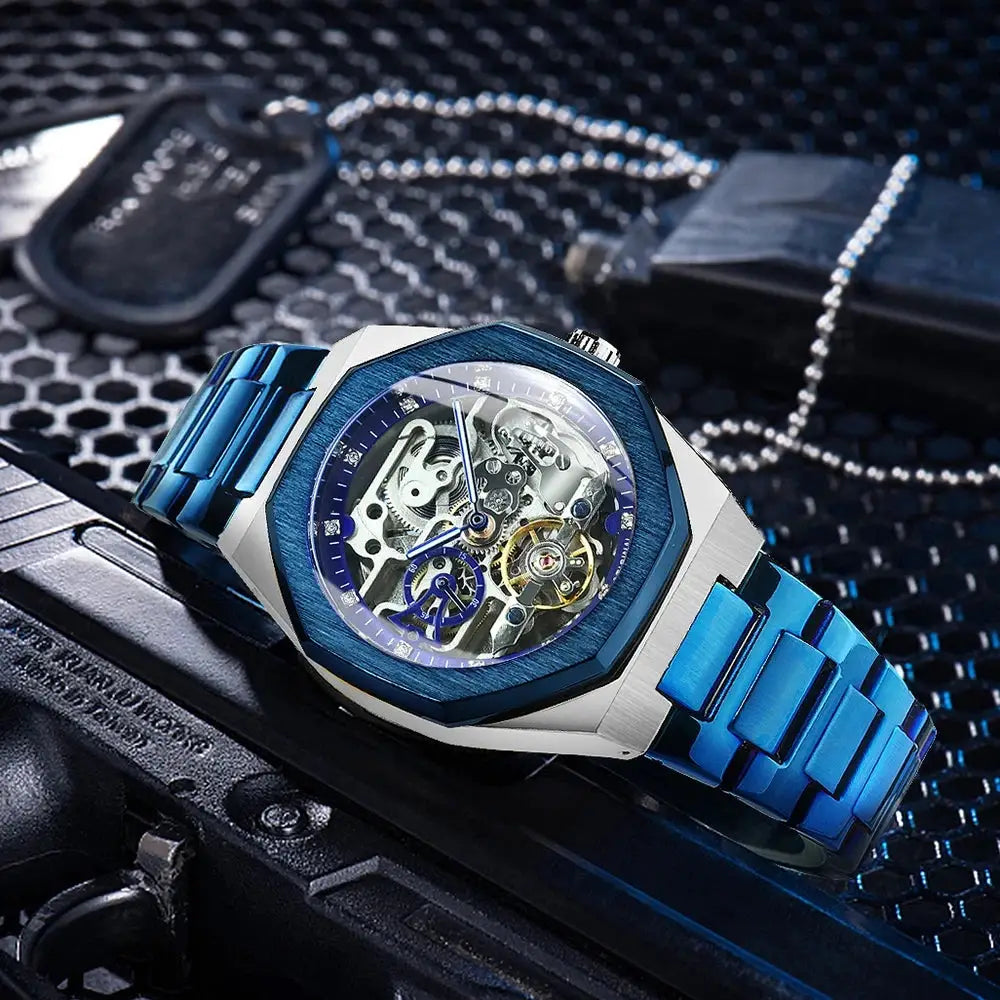 Forsining skeleton automatic men’s watch with blue stainless steel strap and luminous hands