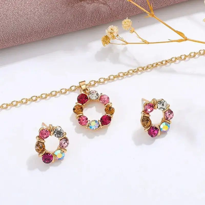 3 Piece Gold Necklace and Earrings Set for Ladies Celebrity Style Exquisite Stained Glass Diamond Circle Jewelry