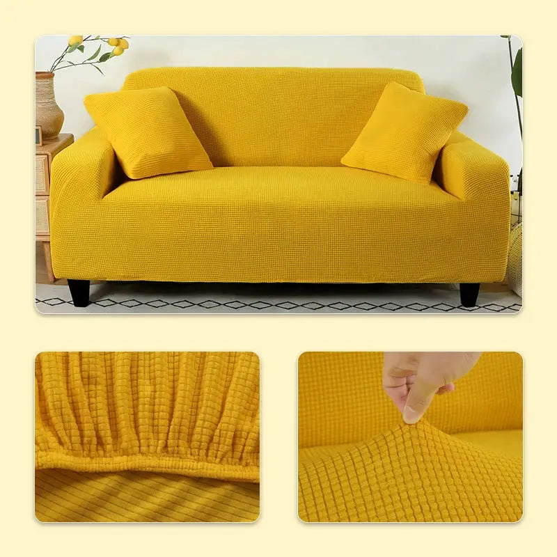 Elastic jacquard sofa cover in mustard yellow on a 3-seat sofa; close-up shows grid texture and elastic edge.