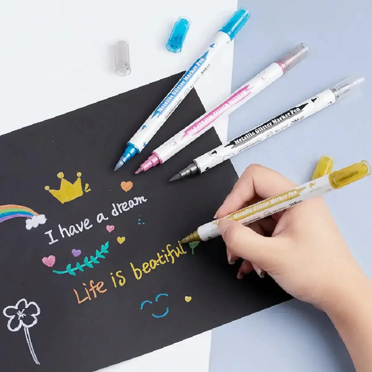 Simples Market 10pcs Metallic Dual Tip Marker Pens with Brush and Fine Nibs for Scrapbooking