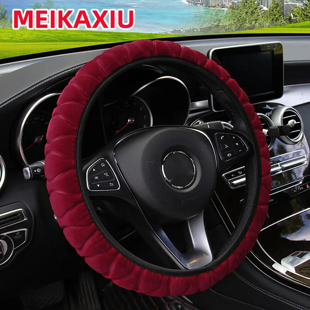 Red plush steering wheel cover, soft short-fur, fits 14.5–15 inch wheels