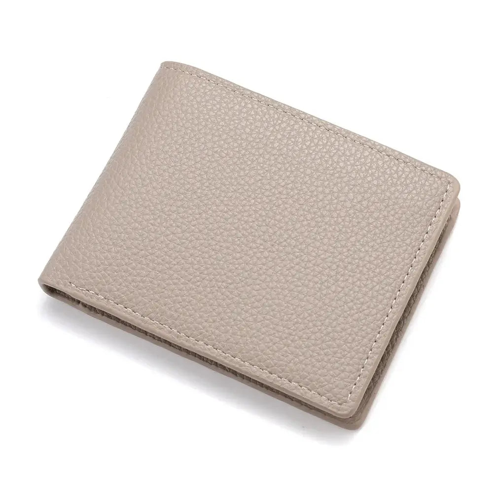 Tan pebble-grain leather men's wallet, slim and lightweight.