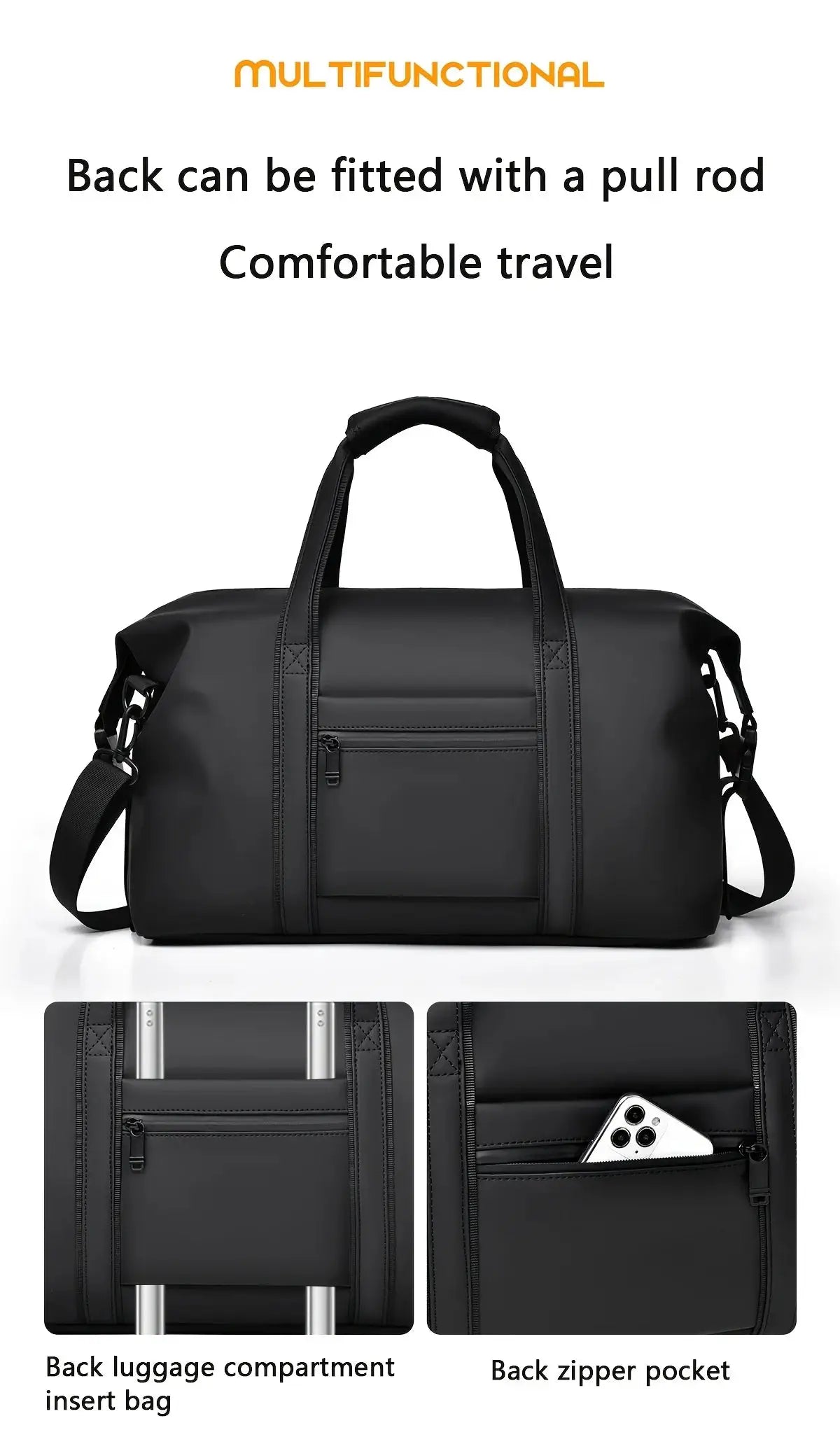 Large capacity travel duffel bag by Simples Market, black with top handles and front zip pocket