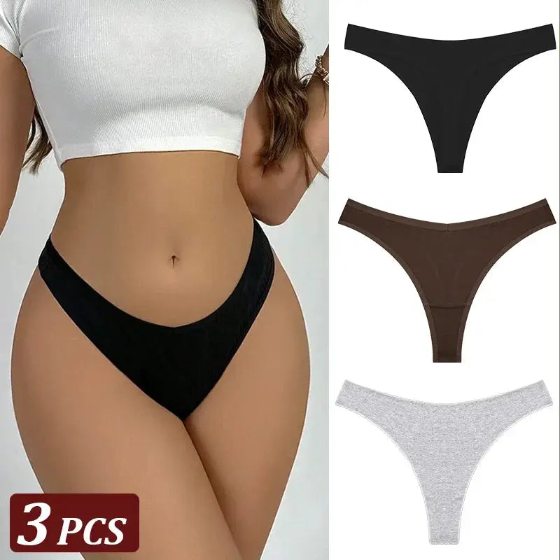 3Pcs seamless cotton thong underwear set for women; low-rise T-back in black, brown, gray by Simples Market