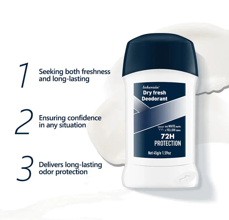 Simples Market Dry Fresh Deodorant stick for men with long-lasting odor protection, white bottle with dark blue cap