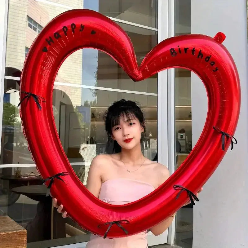 Happy Birthday Heart Photo Frame Balloon With Bowknot Stickers Photo Props For Party And Wedding Decoration