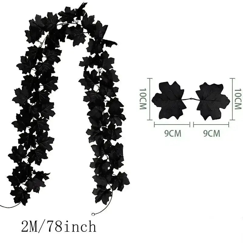 Artificial maple leaf wreath garlands, pair of black leaves, 2 m long for indoor/outdoor decor