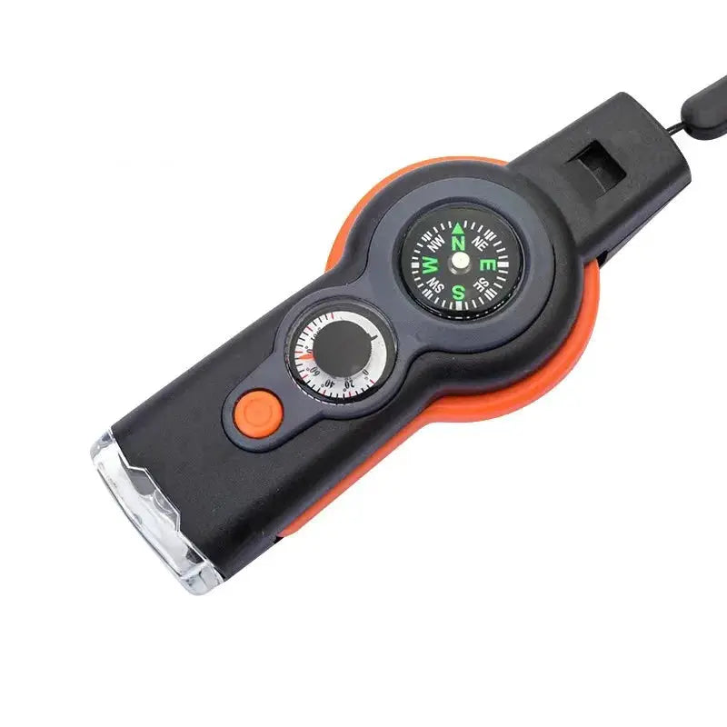 Outdoor camping 7-in-1 survival whistle with compass, black and orange, lanyard