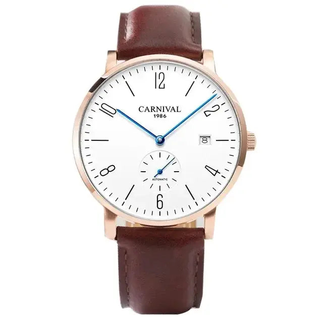 Carnival men's luxury automatic wristwatch with white dial and brown leather strap