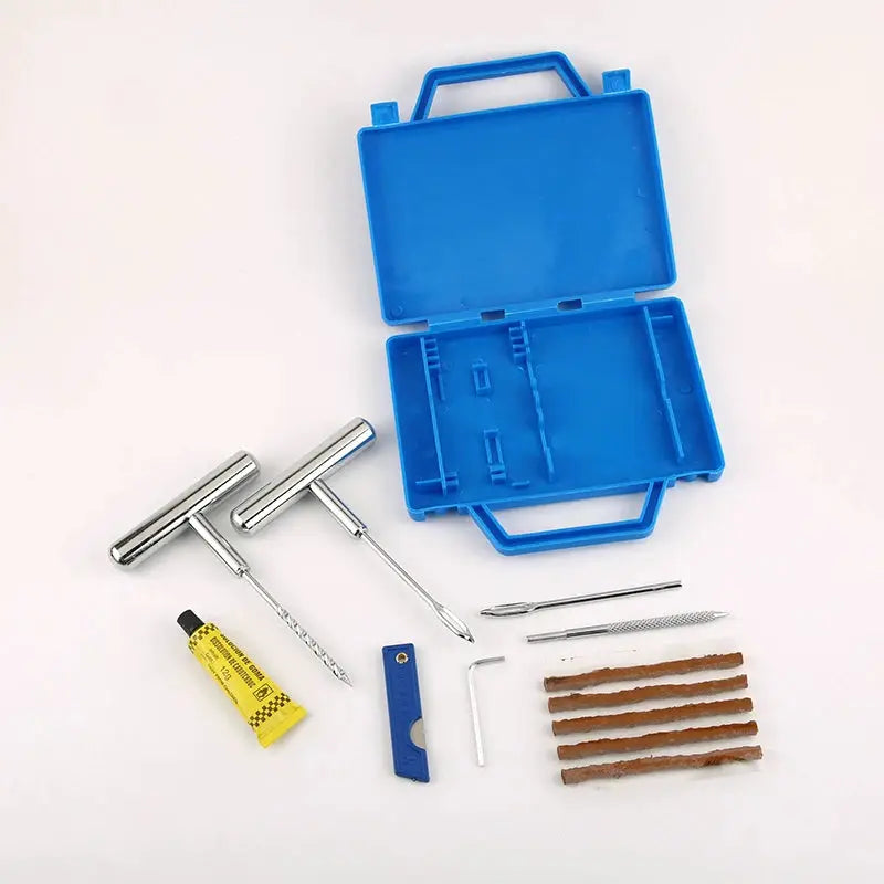 Simples Market car tire repair kit in a blue case with metal plug tools, plugs, and adhesive.