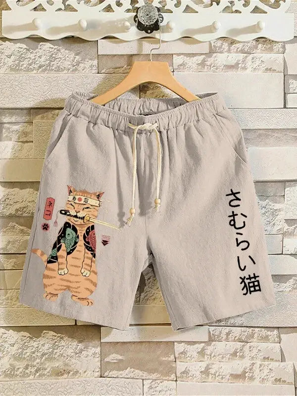 Unisex gray shorts with a 3D anime cat graphic on the left leg and vertical Japanese text on the right leg, drawstring waist.