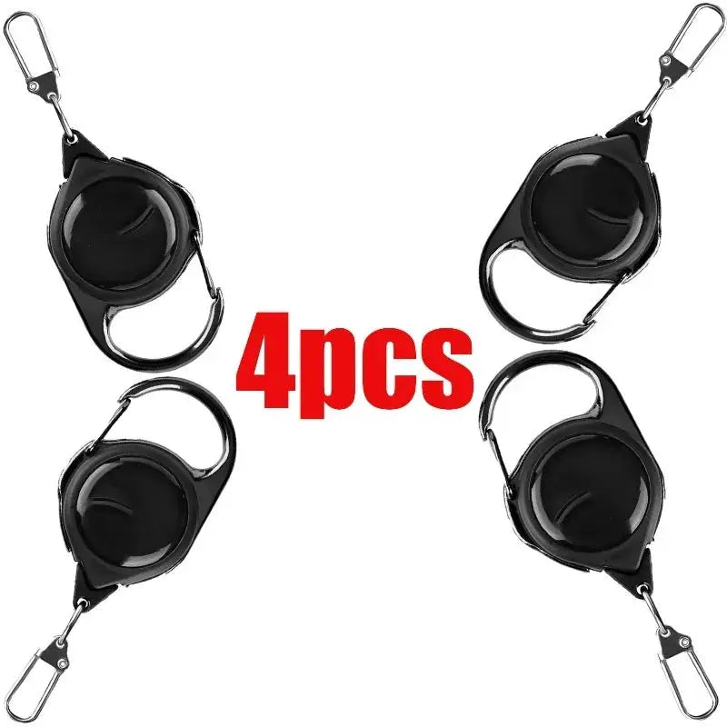 Retractable heavy-duty pull-reel carabiner keychain, black plastic body with metal clips, 4pcs