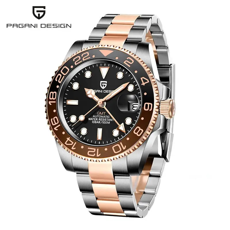 Pagani Design GMT wristwatch with black dial, ceramic bezel, two-tone stainless steel bracelet, 100m water resistant