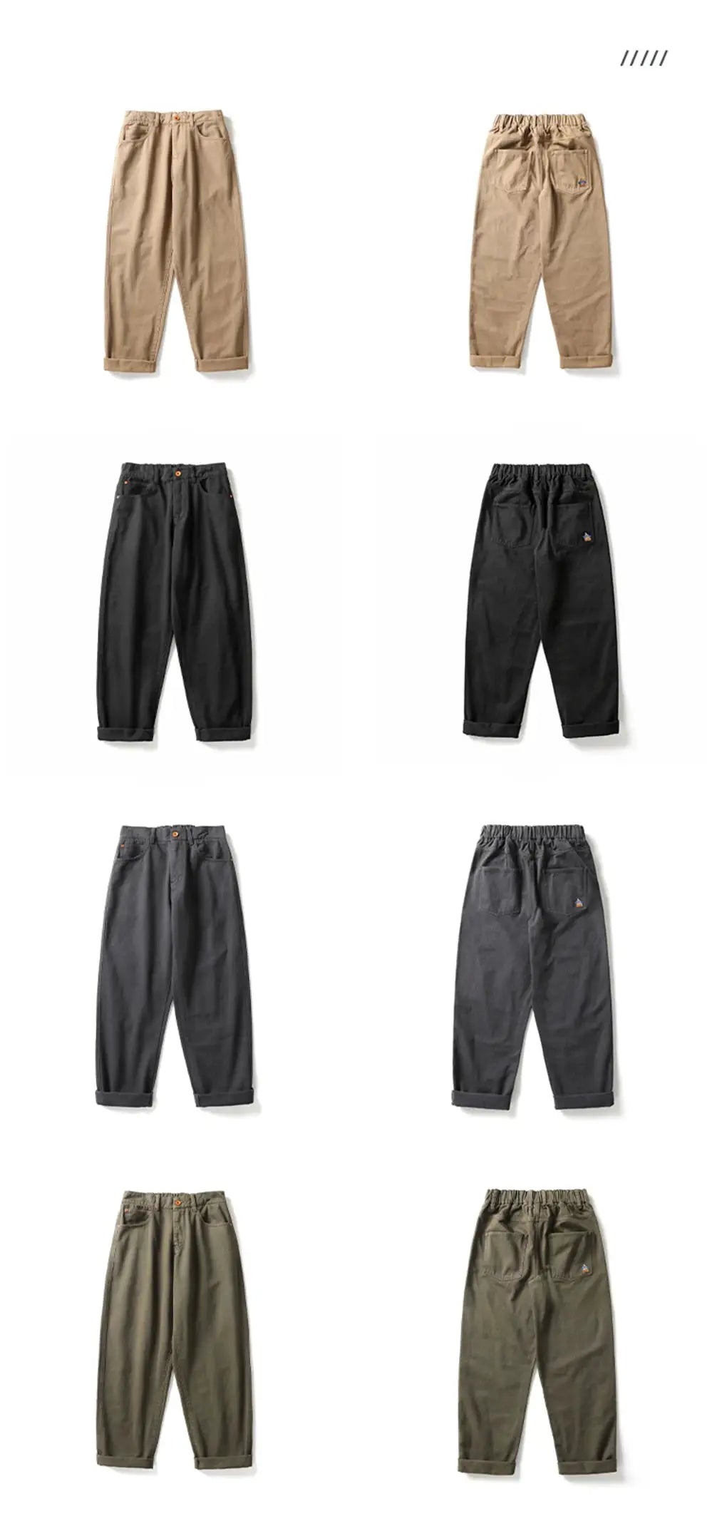 Cargo pants by Simples Market for men; 8-color set (tan, black, gray, olive) in baggy straight-leg style.