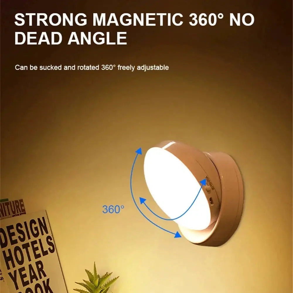 Simples Market night light: USB motion-sensor round LED lamp, brown finish, 360° rotatable wall light