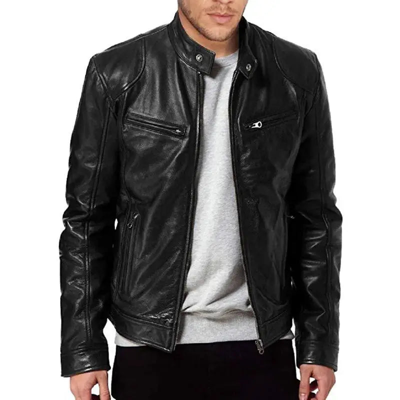 Men's black PU leather motorcycle jacket, slim fit with stand collar and front zip pockets