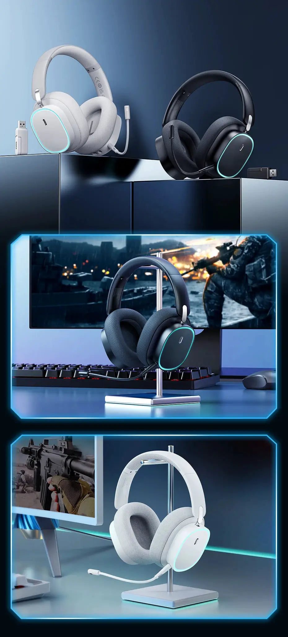 Baseus GH02 gaming wireless over-ear headset with mic, two headsets shown in black and white with RGB accents