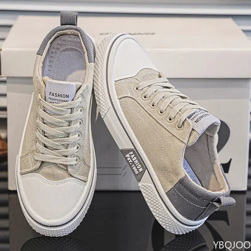 Men's beige canvas sneakers; lightweight breathable casual pair with white toe cap and sole