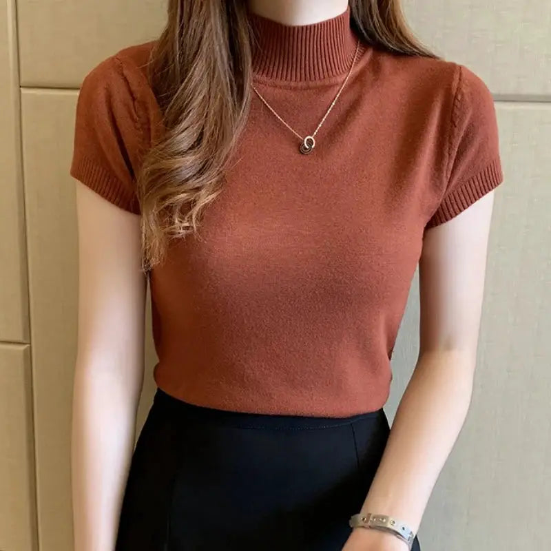 Korean Chic Half High Neck T Shirt Women Jumper Slim Fit Knit Top Spring Summer Solid Color