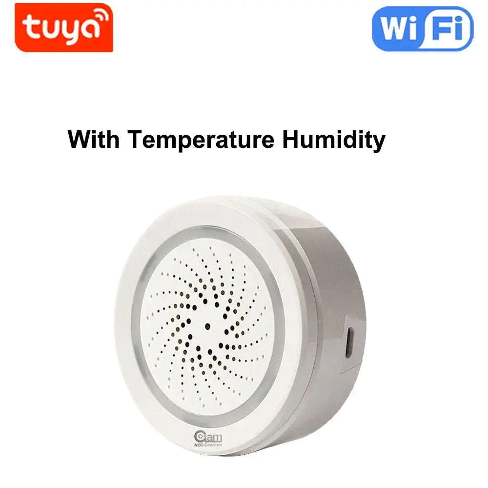 Tuya WiFi smart siren alarm with temperature and humidity sensor, white circular speaker
