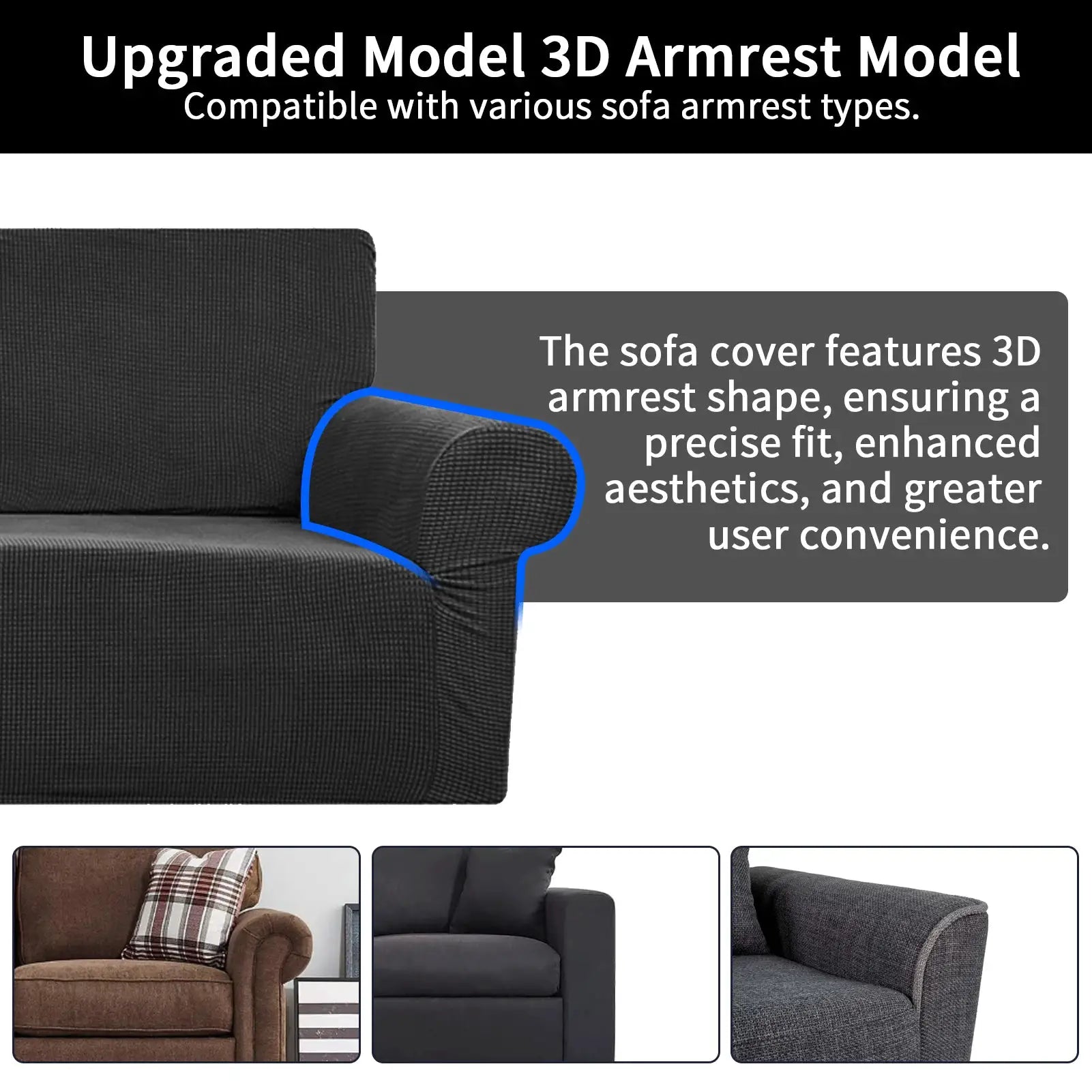 Joccun stretch couch cover by Simples Market in dark gray jacquard; 3D armrest, washable sofa slipcover for 1–4 cushions