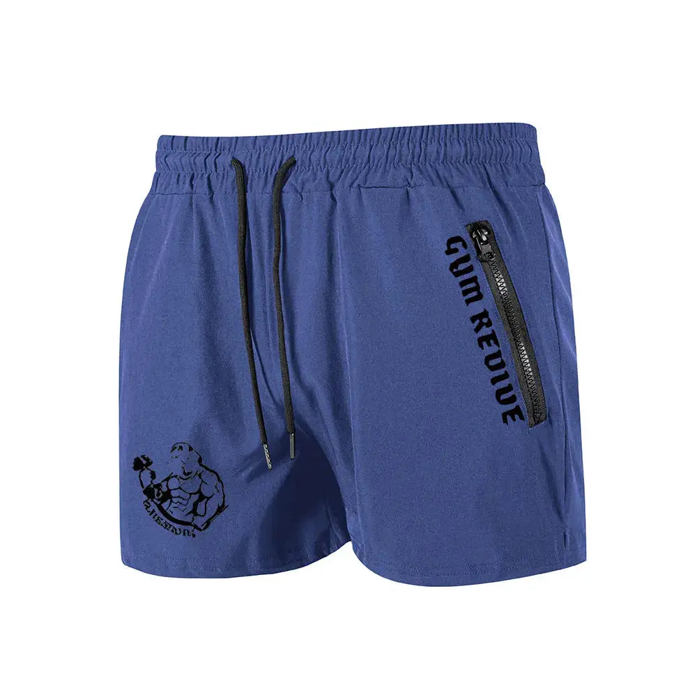 Men's blue quick-dry gym shorts with side zip pockets and drawstring waist; features graphic logo.
