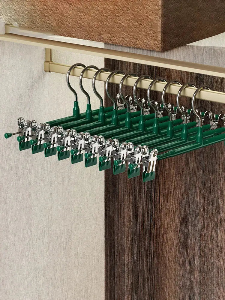 Wardrobe drying rack clips set with stainless steel hooks and green plastic clamps for pants, skirts, underwear