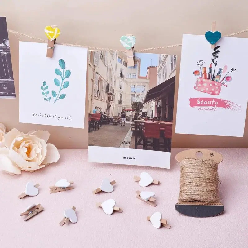 Heart-shaped white wooden clothespins, 50pcs, by Simples Market for photo display