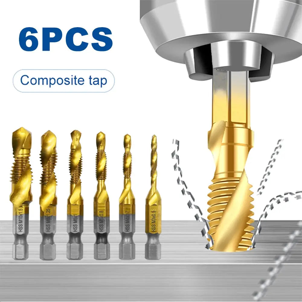 Six Piece HSS Titanium Plated Drill and Tap Set M3 to M10 Hex Shank Integrated Tap Tool with Hole Chamfer