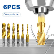 Six Piece HSS Titanium Plated Drill and Tap Set M3 to M10 Hex Shank Integrated Tap Tool with Hole Chamfer