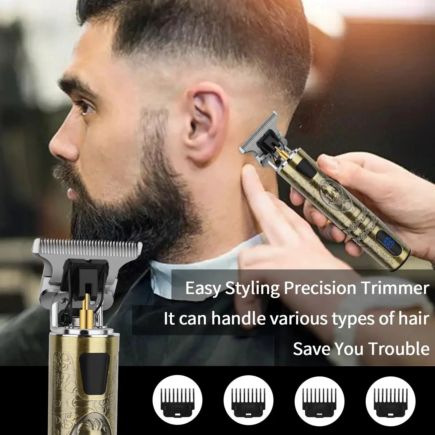 HIENA cordless hair clipper and trimmer by Simples Market in gold finish with ear spoon tool set and comb attachments