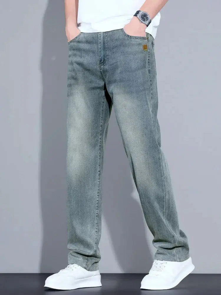 Lyocell Ice Silk Jeans for men, light-wash straight-leg denim pants by Simples Market