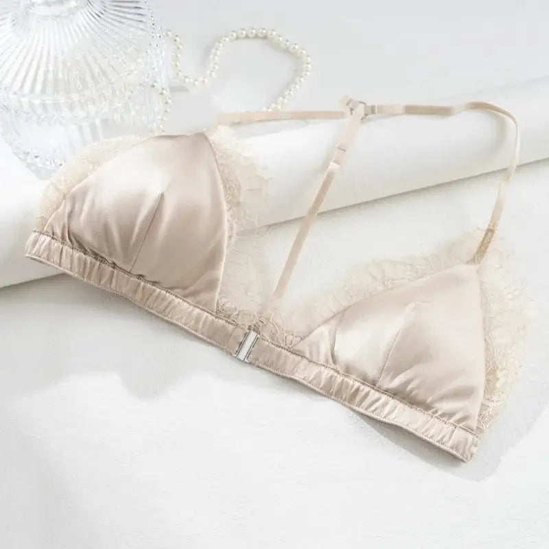 Birdtree satin lace wireless triangle-cup bralette with front closure, beige by Simples Market