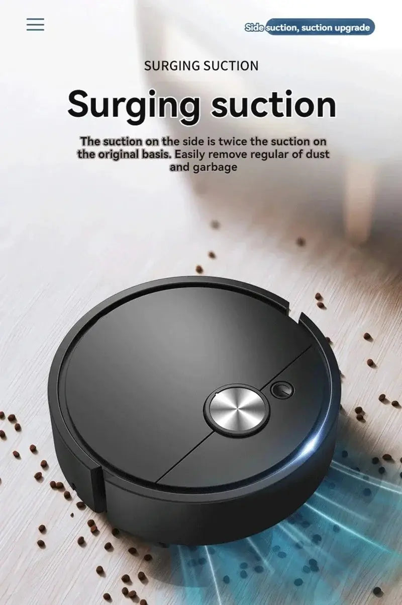 Smart vacuum cleaning robot by Simples Market, round black autonomous floor cleaner with silver center button.