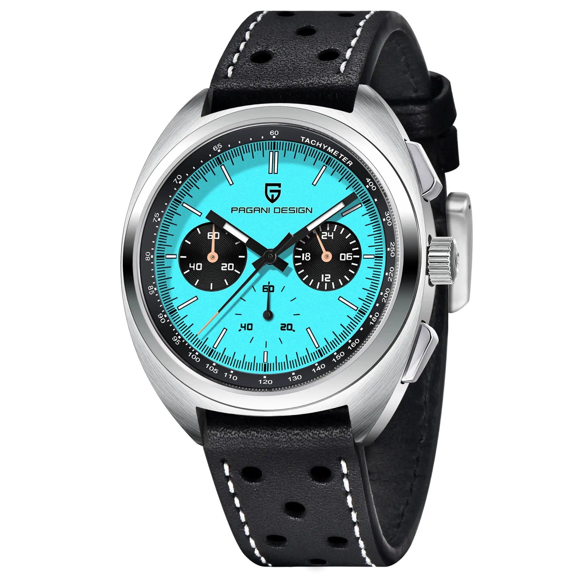 PAGANI DESIGN men's chronograph watch with panda dial, black leather strap, tachymeter bezel